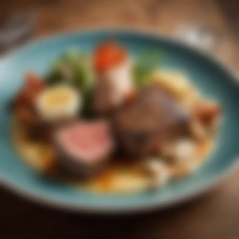 A vibrant plate showcasing the surf and turf combination with succulent steak and fresh seafood