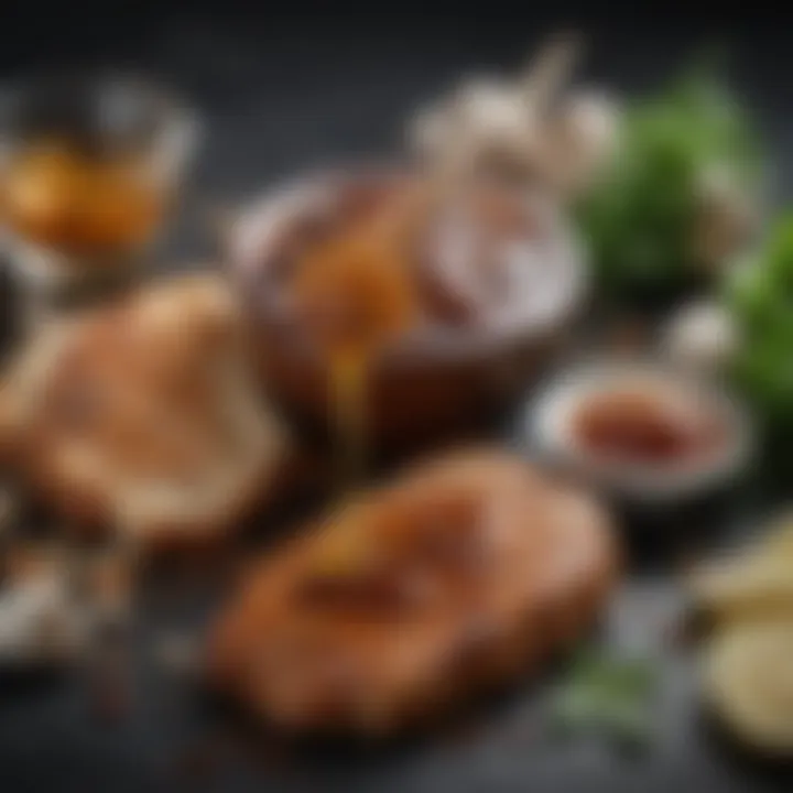 Close-up of key ingredients for honey teriyaki marinade, including honey, soy sauce, and garlic