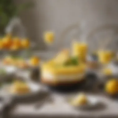 A beautifully arranged table with lemon cheesecake and decorations