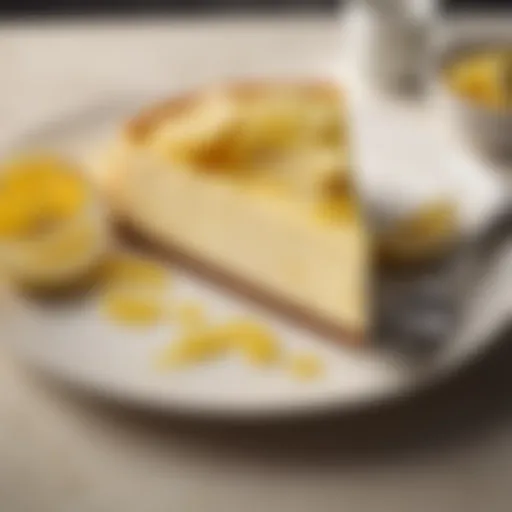 A slice of lemon cheesecake garnished with fresh lemons