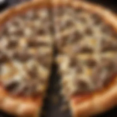 A close-up of the crust of Philly cheese steak pizza, golden and perfectly baked