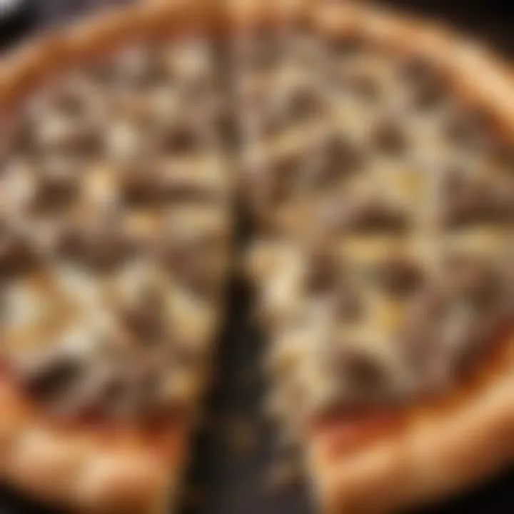 A close-up of the crust of Philly cheese steak pizza, golden and perfectly baked
