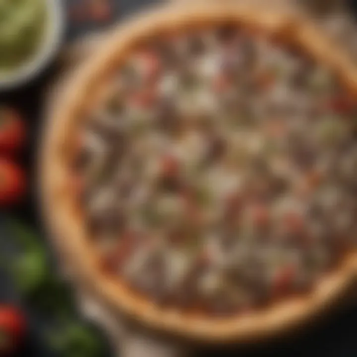An array of fresh ingredients used in Philly cheese steak pizza, including peppers and onions