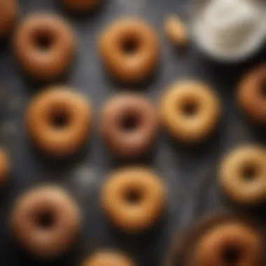 A rustic kitchen setting featuring a variety of ingredients used in making doughnut crullers, such as flour, eggs, and vanilla.