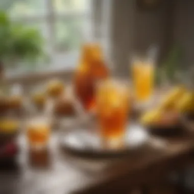 A vibrant table setting featuring lemonade iced tea and accompaniments