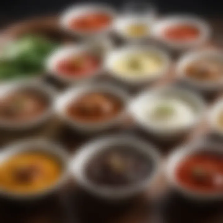 A close-up of dipping sauces that accompany Korean barbecue