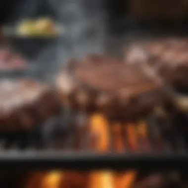 A grill with smoke rising from perfectly seared meat