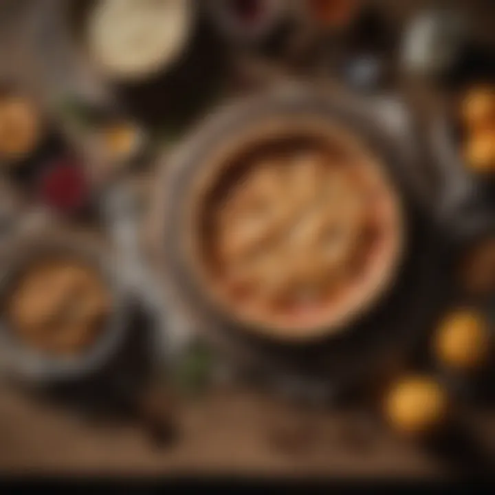 An artistic shot of traditional pie ingredients on a rustic table