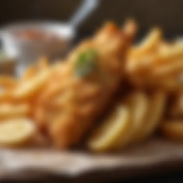 Close-up of crispy golden battered fish and perfectly cooked chips