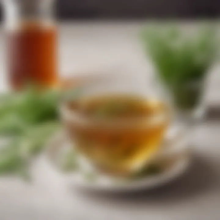 A steaming cup of fennel tea with herbs nearby