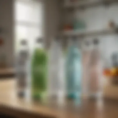 An array of sparkling water bottles on a kitchen counter