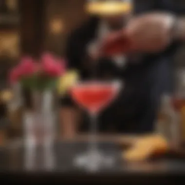 Garnishing a Cosmopolitan Cocktail A beautifully garnished Cosmopolitan cocktail on a stylish bar