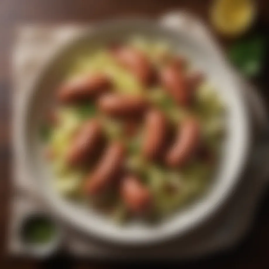 A beautifully arranged Kielbasa and Cabbage dish garnished with herbs