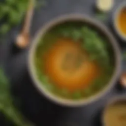A rich bowl of organic bone broth garnished with fresh herbs