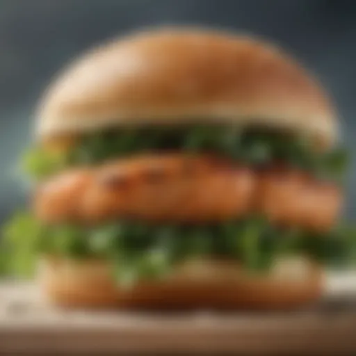 Artistic presentation of a salmon burger with fresh greens