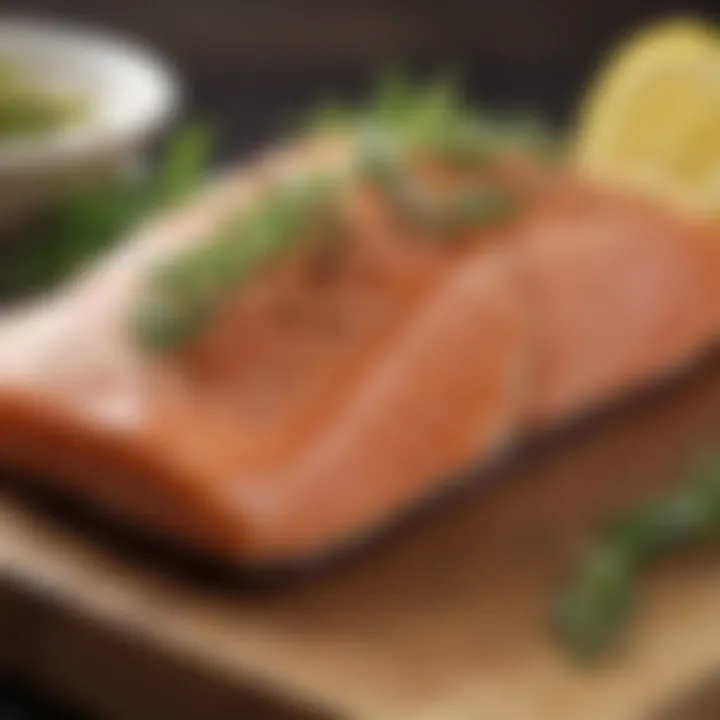 Close-up of salmon fillet on a wooden cutting board with herbs