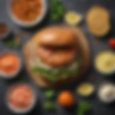 Selection of ingredients for making a salmon burger laid out neatly