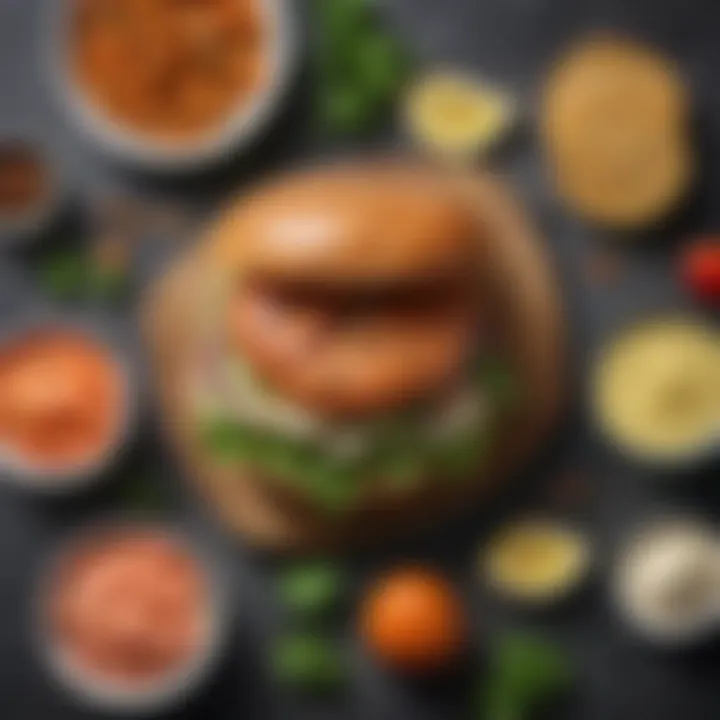 Selection of ingredients for making a salmon burger laid out neatly