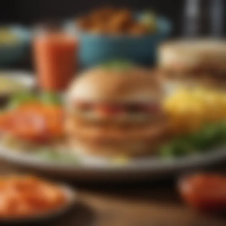 A vibrant plate featuring a salmon burger and colorful side dishes