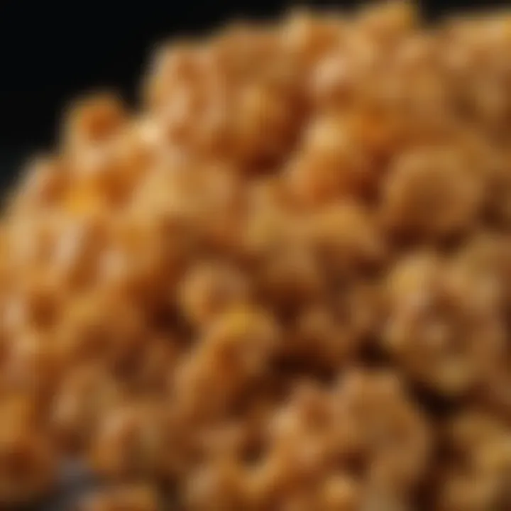 A close-up view of golden toffee popcorn glistening with caramel