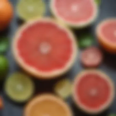 Close-up of fresh grapefruit and lime ingredients for Paloma