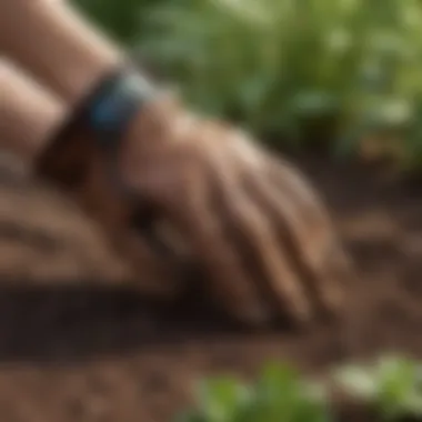 Gardening gloves featuring reinforced fingertips and breathable fabric in a garden setting.