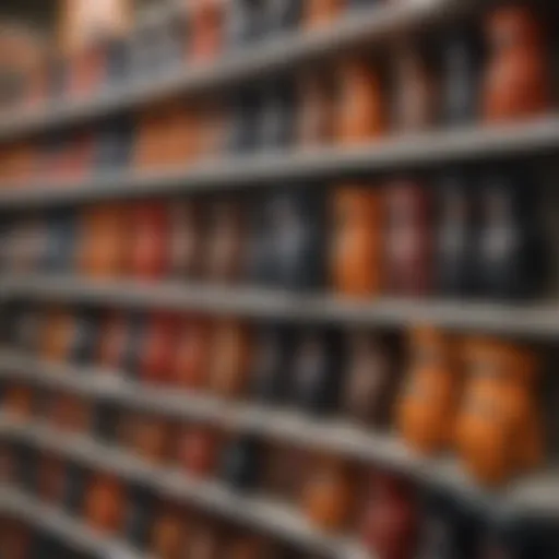 A variety of gloves designed for different tasks displayed on a store shelf.