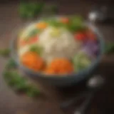 A colorful bowl of rice with fresh vegetables and herbs