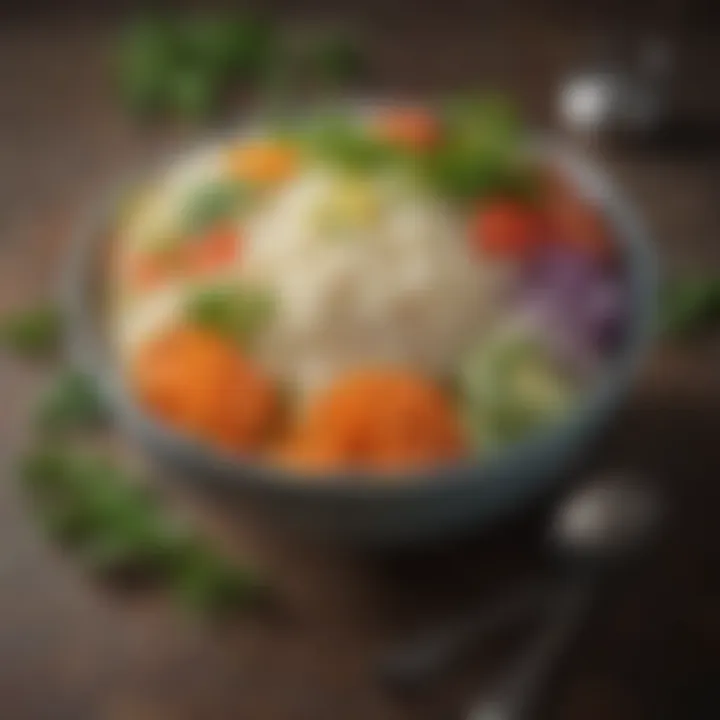 A colorful bowl of rice with fresh vegetables and herbs