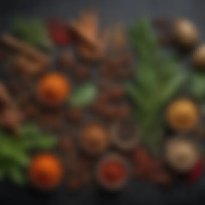 A close-up of essential spices and herbs commonly used in Guyanese cooking.