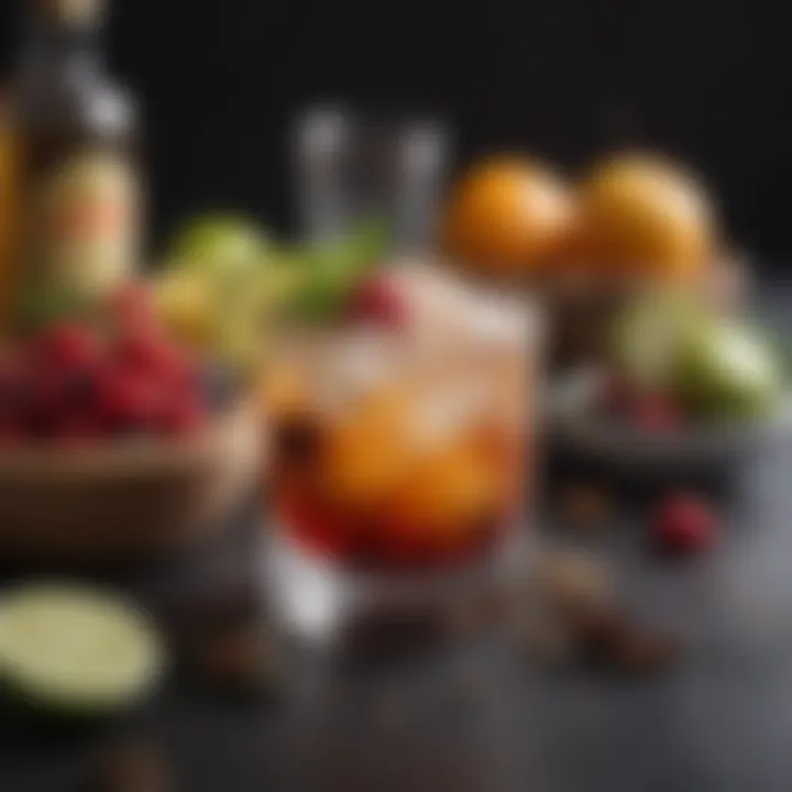 An array of fresh ingredients used in a Rum Swizzle, including fruits and spices