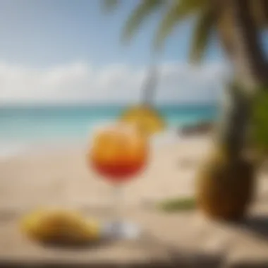 A refreshing Rum Swizzle cocktail on a tropical beach backdrop