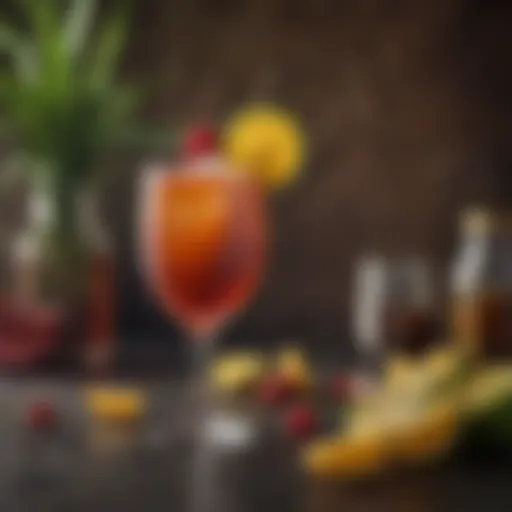 A vibrant display of a Rum Swizzle cocktail garnished with fresh fruit