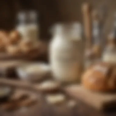 Essential Tools for Sourdough Starter Maintenance An organized collection of ingredients and tools for maintaining a sourdough starter beside a jar.