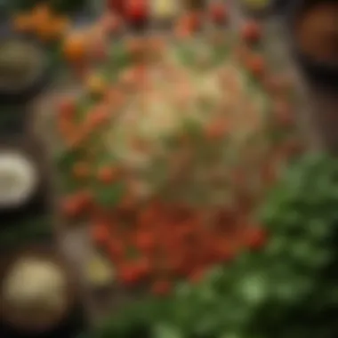 An array of fresh ingredients used in the preparation of tabouli mix, including herbs and vegetables.