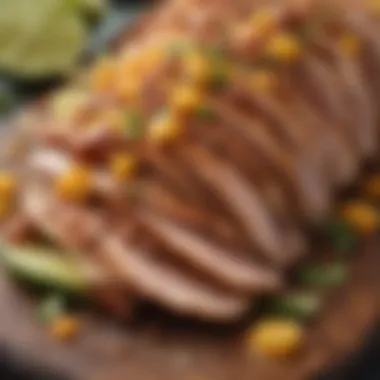 A close-up of marinated pork ready to be grilled, showcasing the rich spices and flavors.