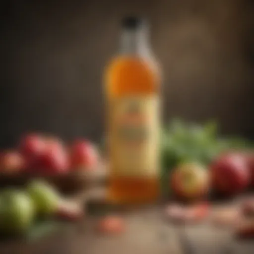 A bottle of apple cider vinegar surrounded by fresh apples and herbs, showcasing its natural origins.