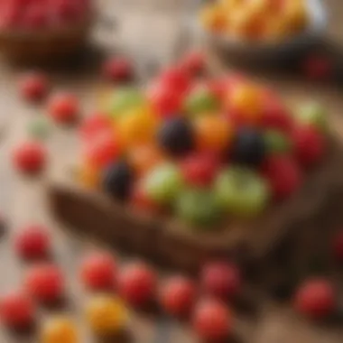 A close-up of homemade fruit gummies displayed on a wooden table.