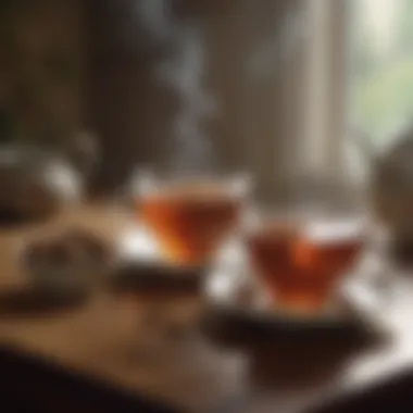 A tranquil scene with a steaming cup of tea in a serene environment