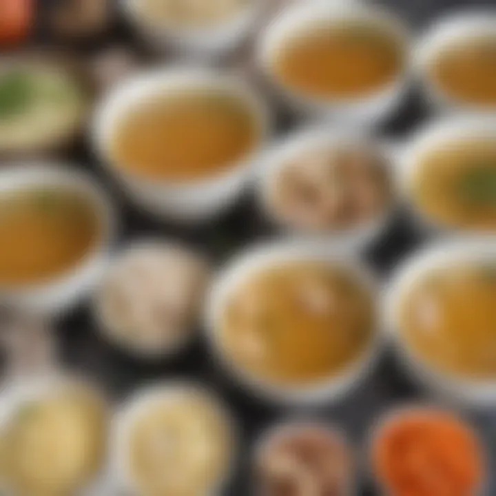 Various brands of top-rated commercial chicken broth displayed on a kitchen counter.