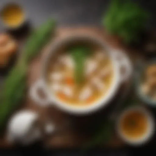 A bowl of rich, homemade chicken broth garnished with fresh herbs.
