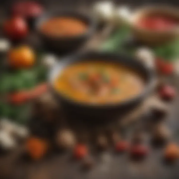 An array of spices and vegetables typical for enhancing chicken broth flavors.