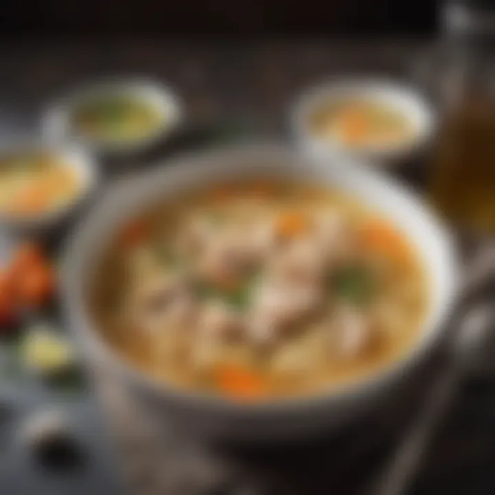A vibrant chicken soup featuring noodles and fresh ingredients, showcasing the versatility of chicken broth.