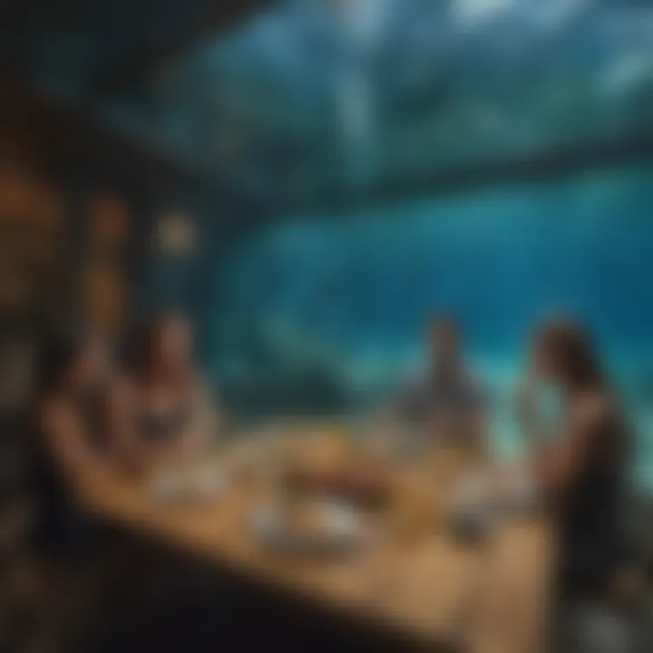 A view of guests enjoying their meals while surrounded by aquatic life.