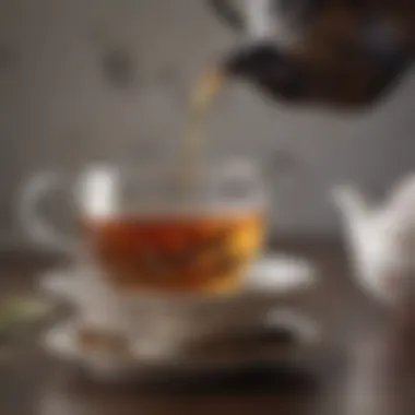 An elegant teapot with freshly brewed loose leaf tea pouring into a fine china cup.