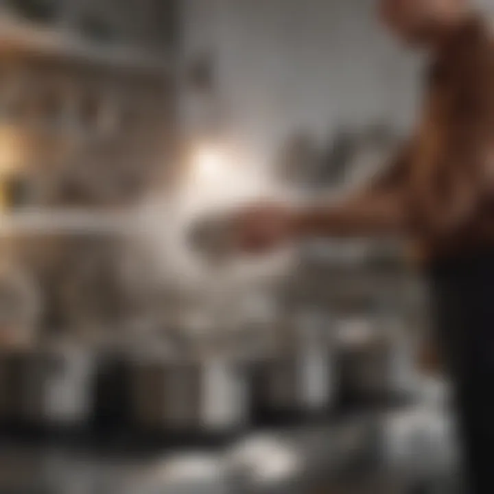 A person inspecting the condition of a stainless steel pot