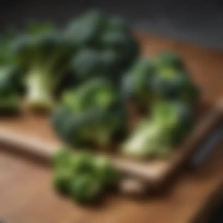 Fresh broccoli and Brussels sprouts on a wooden cutting board