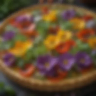 A close-up view of a delicate vegetable tart topped with fresh herbs and edible flowers.