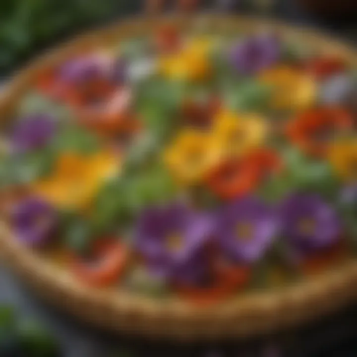 A close-up view of a delicate vegetable tart topped with fresh herbs and edible flowers.