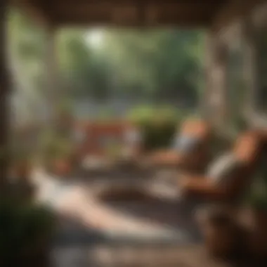 A cozy outdoor scene featuring vintage furniture and decorative plants